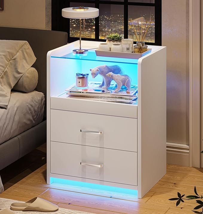 VIAGDO White Nightstand Set of 2 with Charging Station and LED Lights, 2 Drawers LED Night Stand with Tempered Glass Tabletop, Modern End Side Tables with Pull-Out Tray, Open Storage Bedside Tables