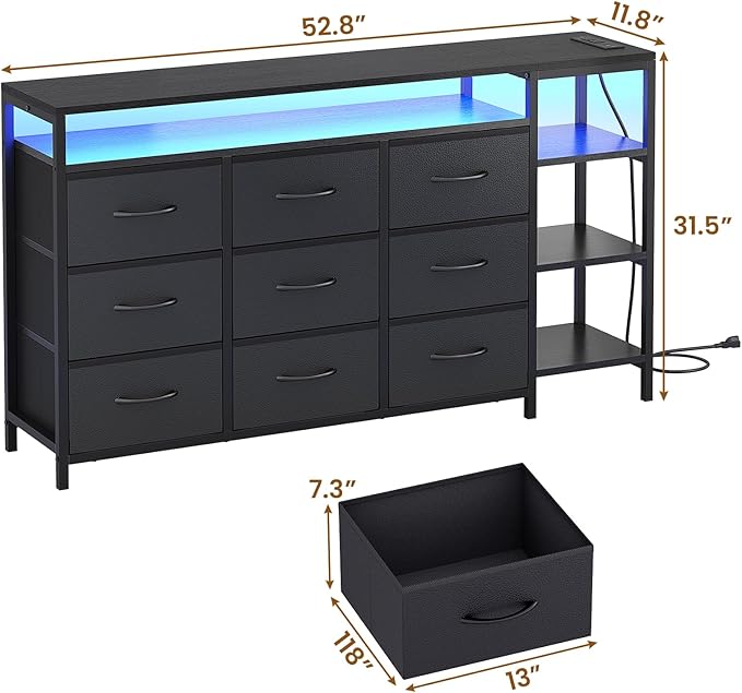 60 inch TV Stand Dresser for Bedroom with LED Lights & Charging Station, 9 Fabric Drawers, Entertainment Center with Drawers & Open Shelves for Living Room, Bedroom, Black-NeatNest