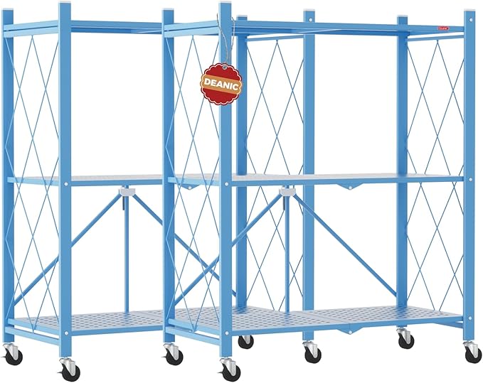 DEANIC 3 Tier Foldable Storage Shelves with Wheels, Kitchen Appliance Stand, Freestanding Metal Wire Shelf Rack, No Assembly Organizer Rolling Cart for Garage, Basement, PantryBlue Pack of 2