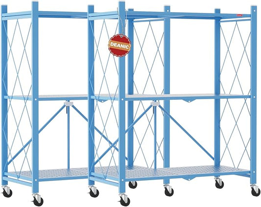 DEANIC 3 Tier Foldable Storage Shelves with Wheels, Kitchen Appliance Stand, Freestanding Metal Wire Shelf Rack, No Assembly Organizer Rolling Cart for Garage, Basement, PantryBlue Pack of 2