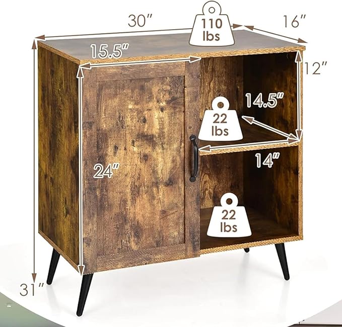 Giantex Mid-Century Storage Cabinet, Buffet Sideboard with Single Door & Adjustable Shelves, Free-Standing Cupboard, Wooden Accent Side Cabinet for Living Room, Rustic Brown