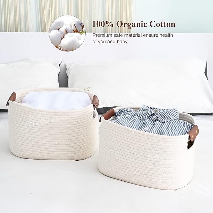 Cotton Rope Basket , Storage Baskets with Handle, 15x10x9 Inch Woven Basket for Shelves, Laundry, Towels, Clothes, Books, Toys (White 2Pack)-NeatNest