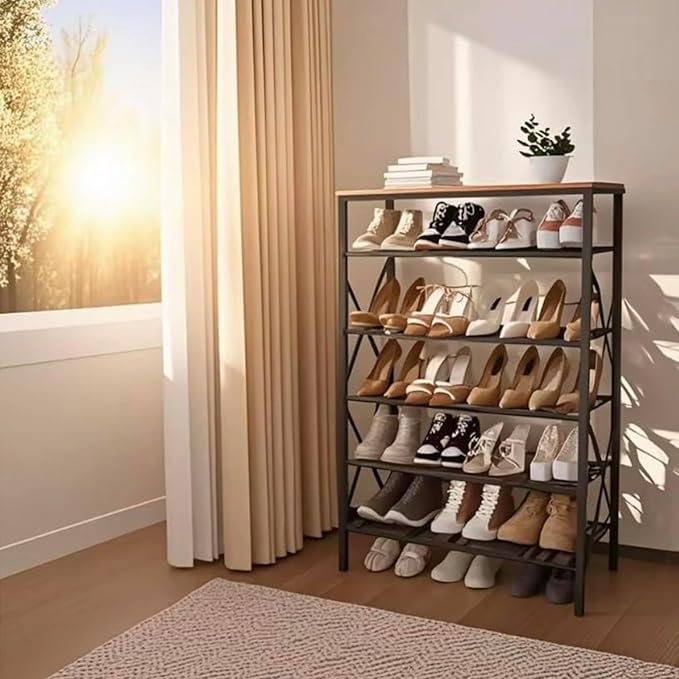 6-Tier Shoe Rack Organizer, Large Capacity Shoe Storage Shelf for Entryway, Closet, Rustic Brown & Black, Metal Mesh Shelves, Holds up to 24 Pairs of Shoes, Easy Assembly, Adjustable Feet-NeatNest