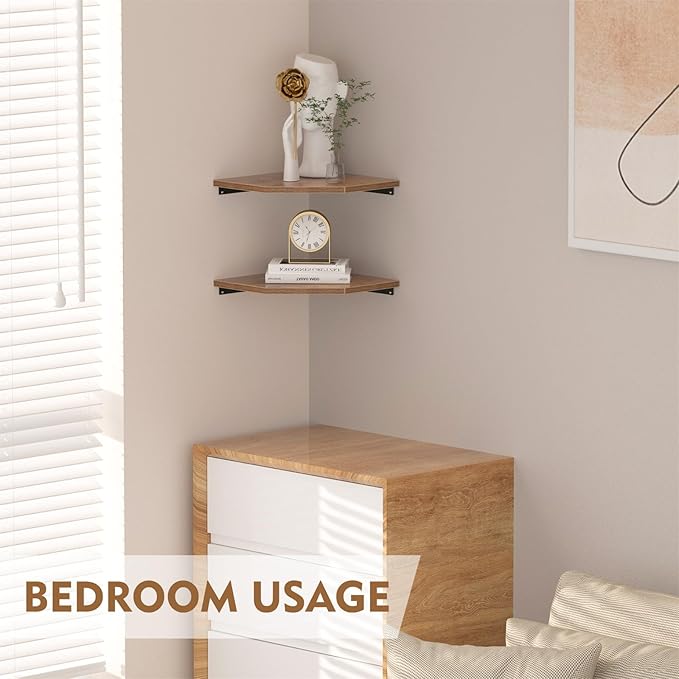 JJL Corner Shelf, 12 Inch Set of 2 Floating Shelves for Wall with Wire Hole for Security Camera and Radios Storage, 13.3 Inch Deep Wall Mounted Shelves for Living Room Corner Decoration, Rust Brown-NeatNest