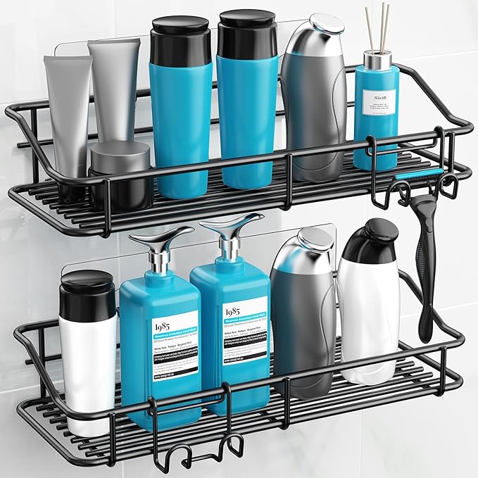 Nieifi Shower Caddy Shelf with Hooks Storage Rack Organizer Adhesive Stainless Steel Without Drilling for Bathroom, Lavatory, Washroom, Restroom, Shower, Toilet, Kitchen - 2 Pack (Black)-NeatNest