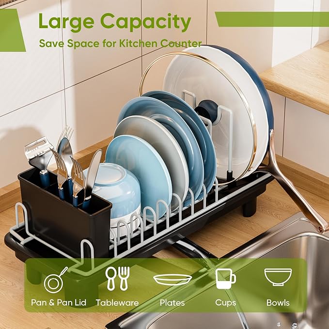 VUSIGN Dish Drying Rack with Drainboard, Dish Rack, Dish Drainers for Kitchen Counter Extendable Spout Strainers with Removable Utensil Holder, Adjustable Pot Rack, Black
