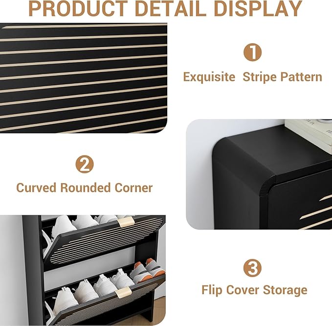 Narrow Shoe Cabinet for Entryway with 2 Flip Drawers, Curved Shoe Storage Cabinet with Stripe Panel, Freestanding Wooden Shoe Organizer Farmhouse Closed Shoe Rack for Hallway, Foyer(Black)-NeatNest
