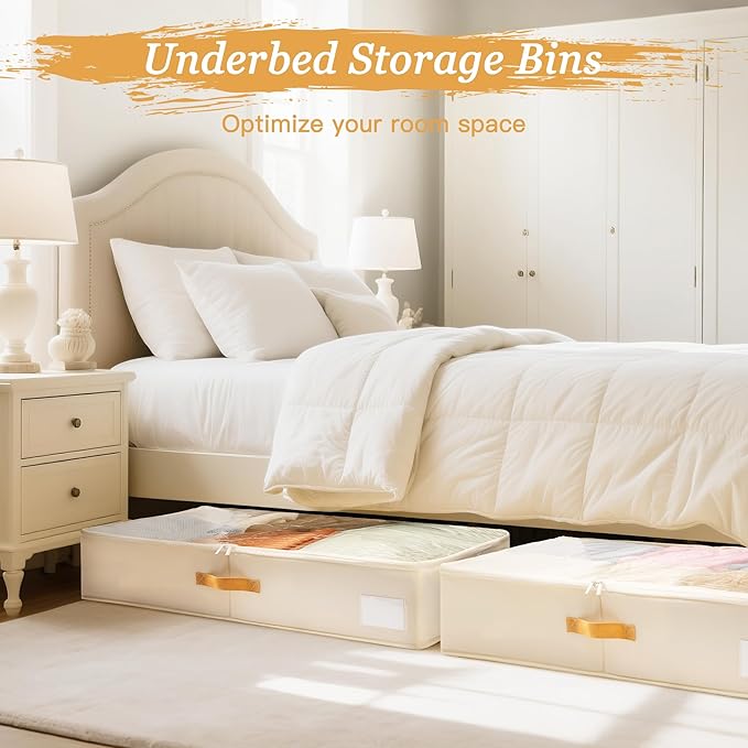 Criusia Under Bed Storage Bins with Clear PVC Lids – 2 Pack Large Underbed Organizers with Heavy-Duty Handles, Reinforced with 800G PP Panels & 80G Non-Woven Fabric – Waterproof & Foldable, Beige-NeatNest