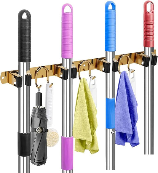 Mop Broom Holder Wall Mount, Gold Stainless Steel Tool Storage Organizer for Kitchen Garden Garage Laundry Room Bathroom and RV with 4 Slots 6 Hooks-NeatNest