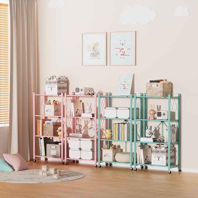 ALANNG 2-Pack Folding Bookshelf on Wheels, Cute Rolling Shelves for Bedroom, Colorful Storage Cart for Kids Rooms, Nursery, No Assembly Metal Book Shelf (4 Tier, Mint Green)