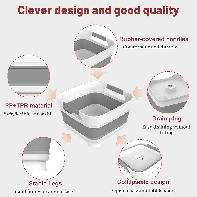 2.4 Gal Collapsbile Wash Basin with Drian Plug,9L Dish Pan for Soaking Baby Bottles,Portable Sink, Multiuse Foldable Bucket,Ice Beverage Tubs for Camping, Vegetable Washing, RV (Gray)-NeatNest