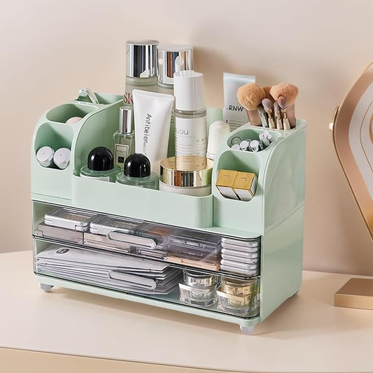 Makeup Organizer with 2 Drawers, Cosmetic Display Case, Storage Holder for Vanity, Bathroom Counter, Desk, Beauty Supplies (Green)