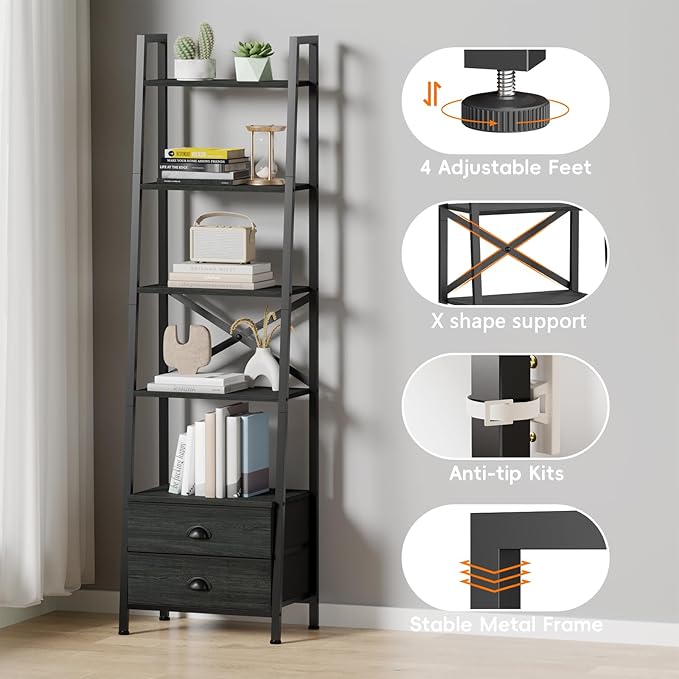 Furologee 5-Tier Ladder Shelf with 2 Drawers,Narrow Bookshelf Storage Shelves,Industrial Bookcase Freestanding Rack Units for Bedroom,Living Room,Bathroom,Home Office,Balcony,Wood Metal, Black Oak