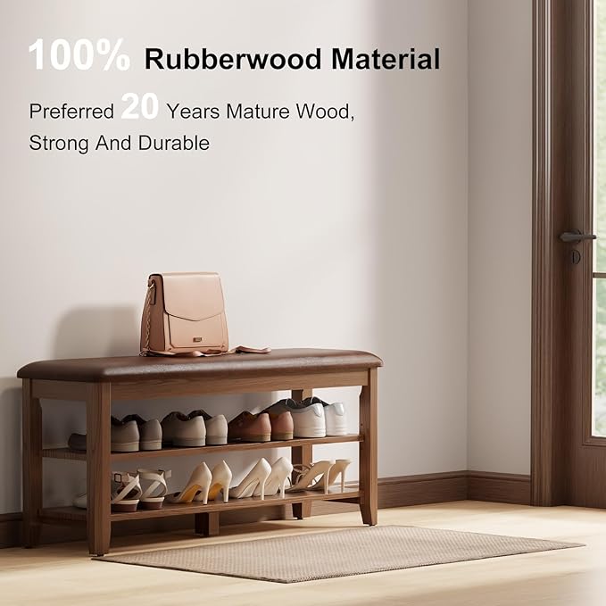 Wood Shoe Rack Bench for Entryway, Shoe Rack for Front Door Entrance with Leather Cushion, 2 Tier Shoe Bench with Shoe Storage for Entryway, Bedroom.-NeatNest