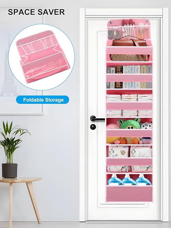 Over Door Hanging Organizer, No Tilt Baby Closet Organizer for Diaper Kids Toys Storage, Newborn Essentials Nursery Bathroom (6 Tier Pink)
