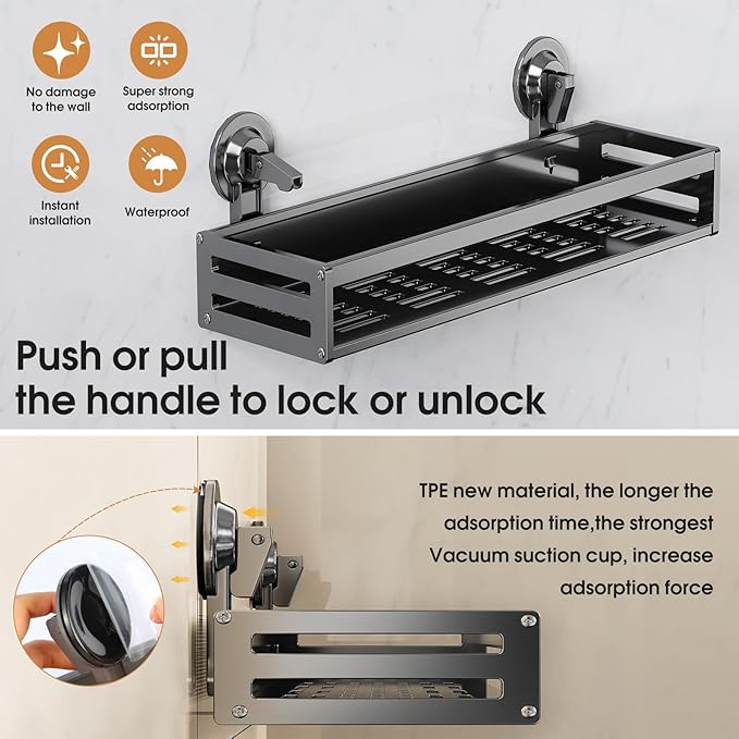 Shower Caddy Suction Cup, 15.7 inch 2 Pack Suction Shower Shelf with Hooks NO-Drilling Bathroom Holder, Rustproof Bathroom Organizer, Dark Grey