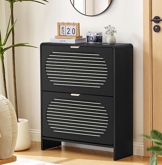 Narrow Shoe Storage Cabinet for Entryway with 2 Flip Drawers, Curved Edge Shoe Cabinet with Arched Stripe Panel, Freestanding Wood Shoe Organizer Closed Shoe Rack for Hallway, Foyer (Black)-NeatNest