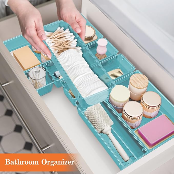 25 PCS Plastic Drawer Organizer Set, 4-Size Versatile Organizer Trays & storage Bins for Makeup, Jewelry, and Gadgets in Bathroom, Bedroom and Office, Sea Blue-NeatNest