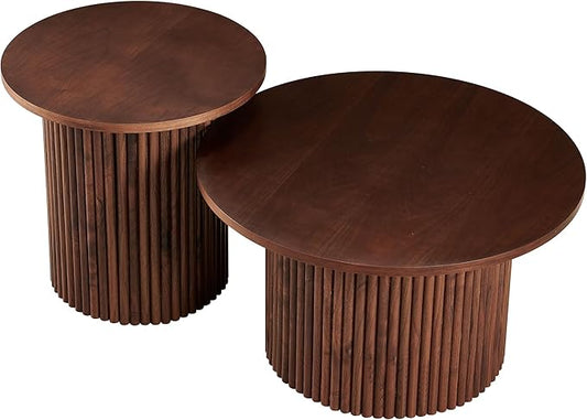 2-Piece Nesting Coffee Side Table Set of 2, Round Nightstand End Table with Fluted Wood Strip Base,Engineered Wood Nesting Tabletop with Solid Walnut Wood Veneer, Elegant Side Table