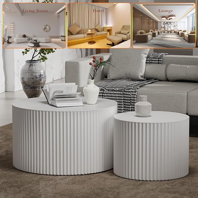 Round Nesting Coffee Table White Modern Circular Stripe Coffee Tables Set of 2 No Assembling for Small Space - Living Room Study Balcony (J-27.6+19.7in)
