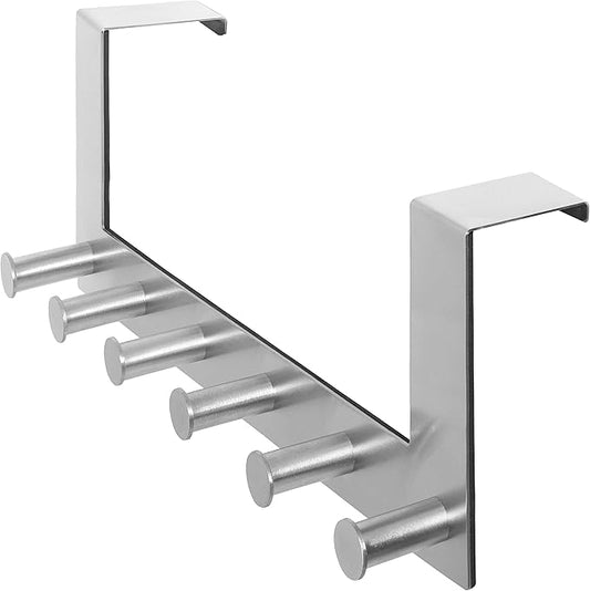WEBI Over The Door Hooks Door Hanger,Over The Door Towel Rack with 6 Peg Hooks for Hanging,Over Door Coat Rack for Clothes,Back of Bathroom,Silver