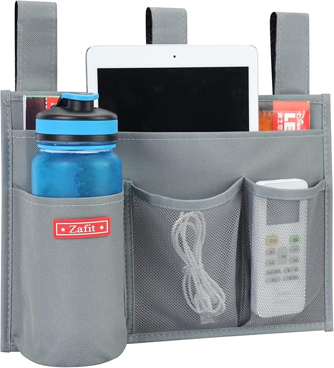 Hanging Bedside Caddy, Bedside Storage Organizer for Magazine, Phone, Remote control (4 Pockets-Grey)-NeatNest