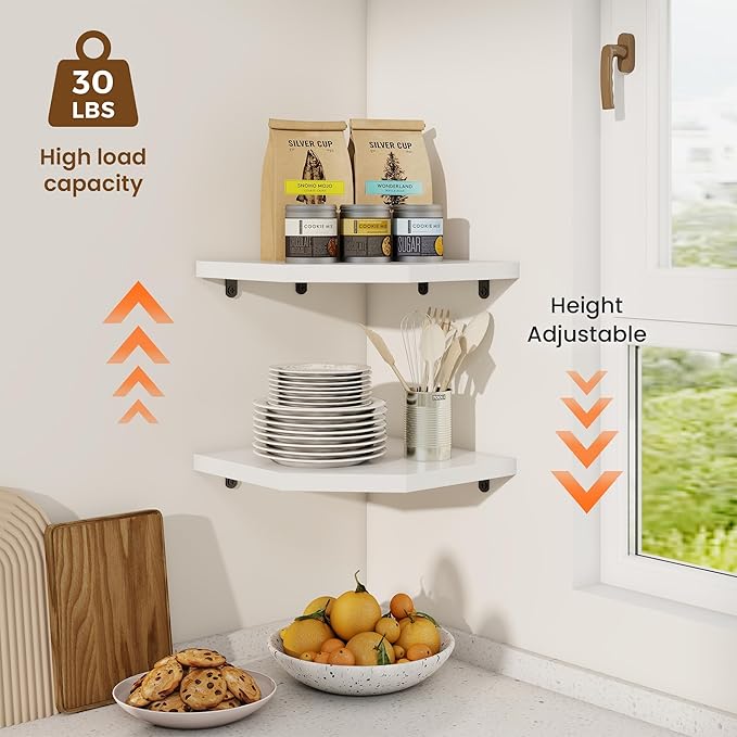 Fun Memories Corner Shelf Wall Mount Set of 2 - Solid Oak Wood Floating Corner Shelf with Cable Hole, 10in Rustic Design for Bedroom, Living Room, Kitchen (White)-NeatNest