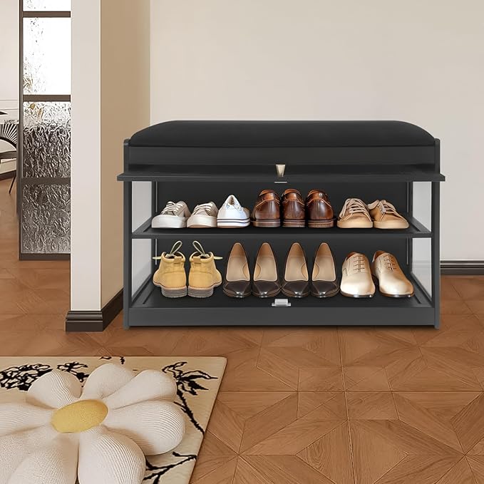 Eapmic Shoe Storage Bench, Entryway Shoe Rack Bench with Padded Seat Cushion, 2-Tier Shoe Cabinet, Bamboo Shoe Organizer for Hallway Bedroom Living Room Front Door (Black, 27.56 * 12.6 * 16.53in)