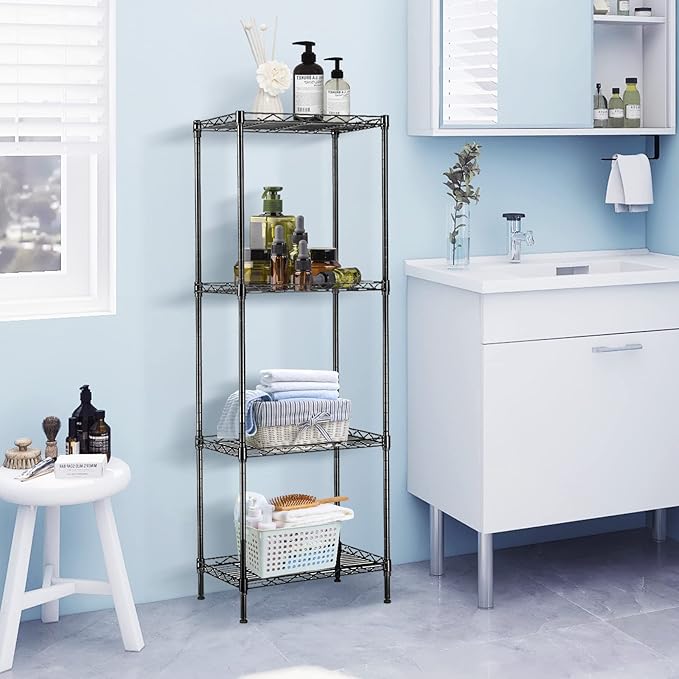 4 Tier Narrow Wire Shelving Unit, Adjustable Narrow Metal Shelf, Narrow Storage Shelves for Small Spaces, Laundry, Bathroom, Kitchen, Pantry, 12" D X 18" W X 50" H, 265 LBS Capacity, Black