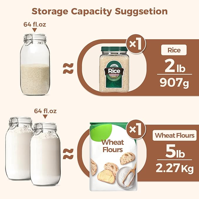 ComSaf Large Glass Jars with Lid 64 oz, Large Mason Jars Set of 3, Glass Canisters with Airtight Lids, Half Gallon Canning Jar with Seal Wire Clip Fastening for Kitchen, Pickle, Flour, Sugar, Cereal-NeatNest