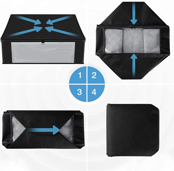 HomeHacks Storage 8-Pack Clothes Organizer Storage Bags Foldable Storage Box with Large Clear Window Sturdy Handles for Closet, Dorm, Pillows, Bedding, Clothes, Blankets, 35L, Black-NeatNest