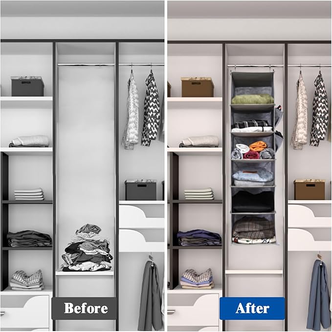 2 Packs Hanging Closet Organizer, 4-Shelf Closet Organizers and Storage with Side Pockets, Collapsible Hanging Shelves for Closet & RV & College Dorm,Grey-NeatNest