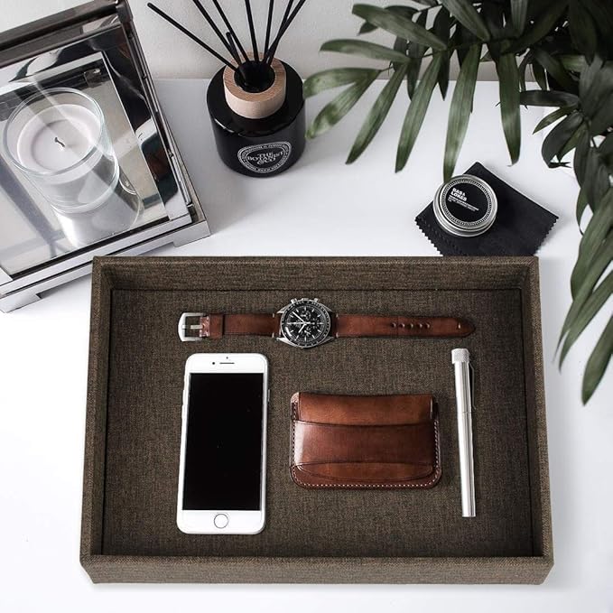 HofferRuffer Elegant Desktop Organizer Tray, Vanity Tray, Storage Jewelry Perfume Organizer, Dresse Catchall for Change Coin Key (Brown Black Faux Leather)-NeatNest