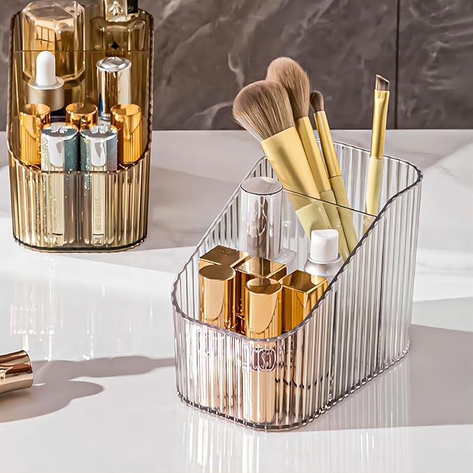 DASITON Large Capacity Makeup Brush Holder,3 Slot Makeup Brush Cup,Vintage striped Make Up Brush Holder,for Vanity Decor,Bathroom Countertops,Desk Storage Container,Cosmetic Display cases(Clear-S)-NeatNest