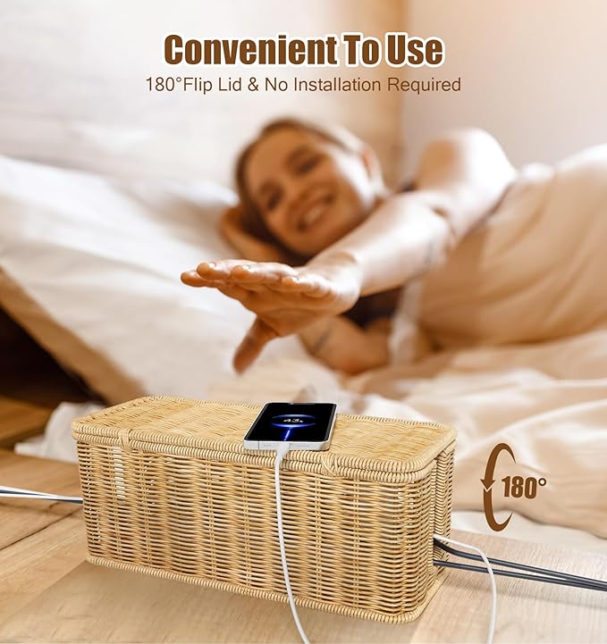 Cable Management Box,2 Pack Handwoven Imitation Rattan Cord Hider Organizer Box with Lid,2 Open Slots Cable Organizer Box for Tv Computer USB Hub to Hide Power Strips & Cords-Brown
