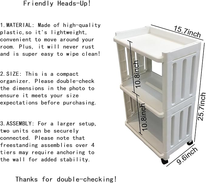 Rolling Storage Utility Cart Slim Organizer Shelf with Wheels 3 Tier Narrow Places Mobile Shelving Unit Tower Rack for Kitchen Bathroom Laundry Room Home Office Bedroom Living Room Washroom, White