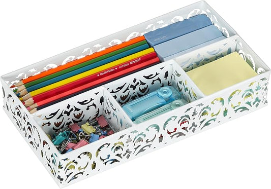 EasyPAG Desk Drawer Organizer with 4 Compartments, Carved Hollow Floral Metal Tray for Office, Jewelry, Cosmetics - No Assembly, White-NeatNest