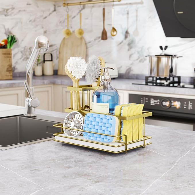HapiRm Sink Caddy Sponge Holder - Kitchen Sink Organizer with Instant Drying Stone and Brush Holder, Stainless Steel Sponge Caddy for Kitchen Countertop - Gold
