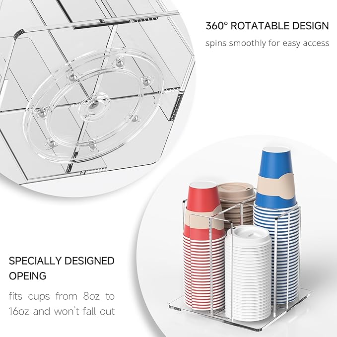 Cup and Lid Holder, 4 Compartment, Square | Rotating Coffee Cup Dispenser Lid Carousel for Restaurant, Buffet, Coffee Station, Bar, Countertop, Clear Acrylic-NeatNest