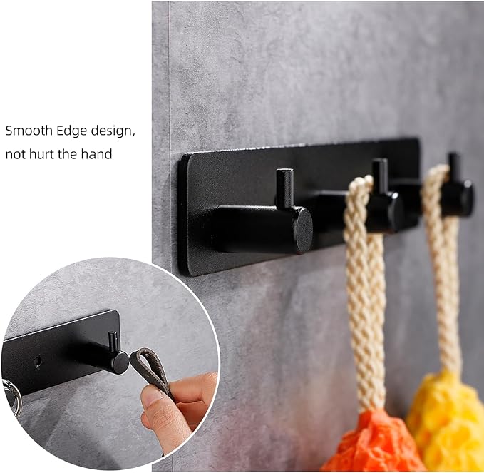 Black 3 Wall Hooks, Matte Black Bathroom Hook Rail, Self Adhesive Key Hook Rack Hanger Towel Robe Stick Hooks for Toilet Entryway Hallway Kitchen Wall Mounted-NeatNest