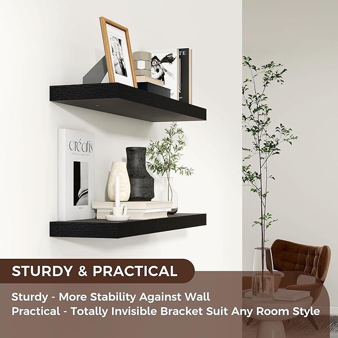 Floating Shelves for Wall, 24"W x 6.7"D x 1.4"H, 2 Pack of Long Wall Mounted Engineered Wood Shelves with Invisible Brackets for Living Room, Bedroom, Bathroom, Kitchen Decor and Storage, Black-NeatNest