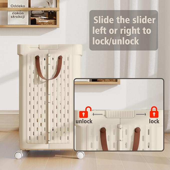 UAK Laundry Basket with Wheels, Collapsible Plastic Laundry Hamper with Handle, Foldable Laundry Basket Organizer for Laundry and Bathroom (Ivory, XXL)