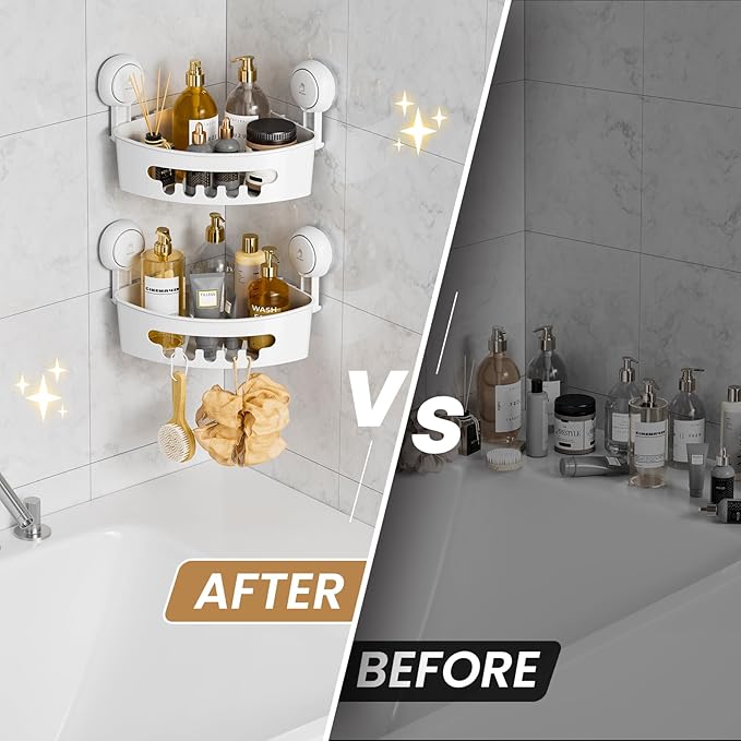 LEVERLOC Corner Shower Caddy Suction Cup, shower shelves suction cup, 2 Pack Basket Powerful Bathroom, Waterproof & Oil-proof Organizer for Kitchen, No-Drilling Removable