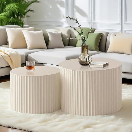 Modern Round Wooden Nesting Coffee Table Set of 2 Circle Tables with Non-Slip Feet, Accent Side End Table, Saving Space Design and No Need Assembly (HLARGE)