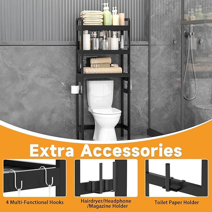 3 Tiers Over The Toilet Storage Shelf, Space Saver Bathroom Organizer Shelves with Toilet Paper Holder and Hooks, Freestanding Toilet Rack for Washroom Balcony (Black)