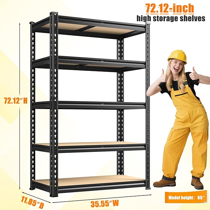 72.12" H Garage Shelving, Storage Shelves Load 2100LBS, 5-Tier Adjustable Shelving Unit with Thickened Wooden Boards for Multiple Scenarios, 72.12" H x 35.55" W x 11.85" D, Black, 2 Pack-NeatNest