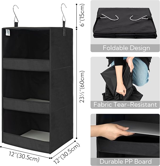 GRANNY SAYS Hanging Closet Shelf, 3-Shelf Foldable Hanging Organizers and Storage, Hanging Organizer for Camper Organization, Black, 2-Pack-NeatNest