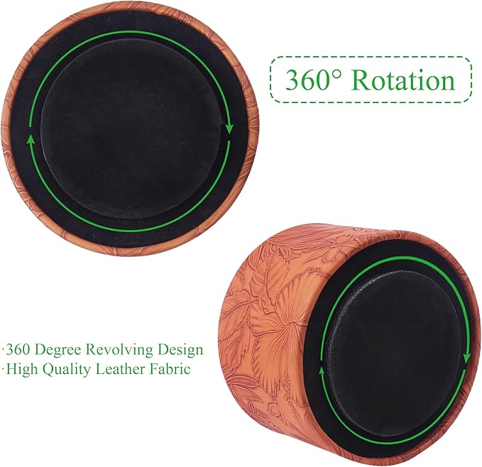 Hennaja Round Leather Art Supply Organizer,Remote Control Holder,360 Degree Spinning,Multi-Functional Pencil Holder,4 Compartments Desktop Stationary Organizer(1-Carved Brown)-NeatNest