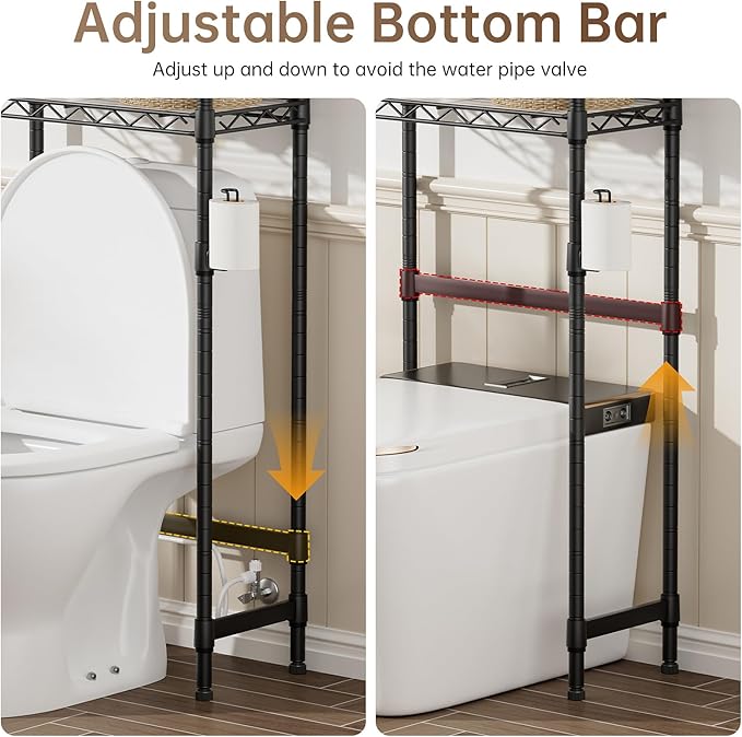 3-Tier Over The Toilet Storage Shelf,Heavy Duty Adjustable Metal Bathroom Rack with Toilet Paper Holder & Hooks,Space-Saving Organizer for Bathroom,10”D x 24”W x 66”H,Black