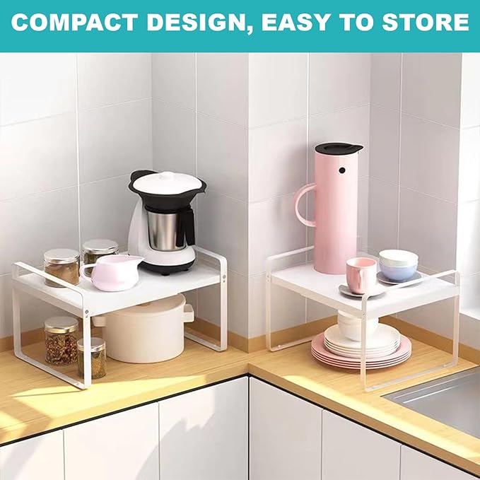 Expandable Cabinet Shelf, Lengths Adjustable Shelf Organizer Riser, Metal Space-Saving Cupboard Organizers for Kitchen Cabinet Pantry Cupboard Under Sink Countertop, White-NeatNest